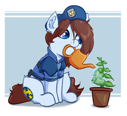 Size: 1922x1755 | Tagged: safe, artist:witchtaunter, species:pony, beret, clothing, green herb, hat, jill valentine, ponified, resident evil, sitting, species swap, watering