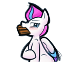 Size: 1049x883 | Tagged: safe, artist:zutcha, character:zipp storm, species:pegasus, species:pony, g5, blushing, bust, chocolate, chocolate bar, eating, female, food, full mouth, holding, looking at you, mare, mouth hold, profile, simple background, solo, that pony sure does love chocolate, white background