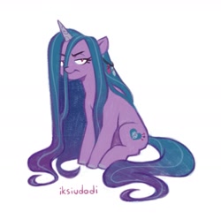 Size: 1733x1722 | Tagged: safe, artist:iksiudodi_, part of a set, character:izzy moonbow, species:pony, species:unicorn, g5, my little pony: make your mark, my little pony: tell your tale, alternate cutie mark, alternate hairstyle, cutie mark, female, gradient hair, horn, izzy is not amused, izzy moodbow, izzymena moonbow, looking at you, mare, multicolored hair, signature, simple background, sitting, solo, white background