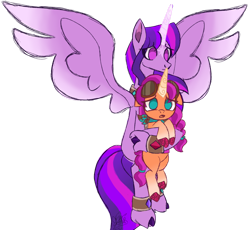 Size: 1280x1176 | Tagged: safe, artist:butterfly-mak, character:sunny starscout, character:twilight sparkle, character:twilight sparkle (alicorn), species:alicorn, species:earth pony, species:pony, g4, g5, my little pony: a new generation, alternate universe, bandana, clothing, coat markings, colored hooves, duo, duo female, facial markings, female, goggles, goggles on head, holding, holding a pony, hooves, mare, no pupils, simple background, size difference, socks (coat marking), spread wings, star (coat marking), story included, sunny and her heroine, transparent background, unshorn fetlocks, wings