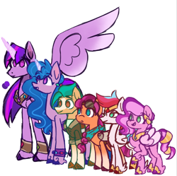 Size: 602x600 | Tagged: safe, artist:butterfly-mak, character:hitch trailblazer, character:izzy moonbow, character:pipp petals, character:sunny starscout, character:twilight sparkle, character:twilight sparkle (alicorn), character:zipp storm, species:alicorn, species:earth pony, species:pegasus, species:pony, species:unicorn, g5, my little pony: a new generation, my little pony: make your mark, my little pony: tell your tale, alternate universe, artificial wings, augmented, bandana, blaze (coat marking), braid, clothing, coat markings, colored hooves, colored horn, colored wings, eye clipping through hair, eyebrows, eyebrows visible through hair, facial markings, feathered fetlocks, female, goggles, goggles on head, gradient hair, height difference, hooves, horn, izzy is tol, jewelry, leg bracelet, looking forward, male, mane five, mare, mechanical wing, multicolored hair, necklace, no pupils, older, older twilight, peytral, physique difference, pipp is small, pipp wings, simple background, size comparison, slender, socks (coat marking), spread wings, stallion, sunny and her heroine, tall, thin, unshorn fetlocks, wall of tags, white background, wings, wreath
