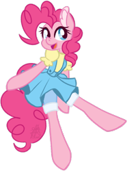 Size: 710x954 | Tagged: safe, artist:butterfly-mak, character:pinkie pie, species:earth pony, species:pony, g4, arm hooves, clothing, colored ears, denim, denim skirt, ear fluff, female, mare, semi-anthro, simple background, skirt, solo, transparent background