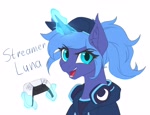 Size: 2616x2006 | Tagged: safe, artist:strafe blitz, character:princess luna, species:alicorn, species:pony, gamer luna, g4, alternate hairstyle, bust, cap, clothing, console, controller, ear fluff, eyebrows, eyebrows visible through hair, female, glowing horn, hat, headphones, high res, horn, looking at you, magic, magic aura, mare, open mouth, playstation 5, s1 luna, simple background, slender, telekinesis, text, thin, three quarter view, white background