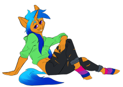 Size: 2048x1448 | Tagged: safe, artist:mekblue, oc, oc only, oc:solar wave, species:anthro, species:pony, species:unicorn, bisexual pride flag, clothing, hoodie, jeans, leg warmers, pants, pride, pride flag, purple eyes, ripped jeans