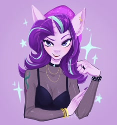 Size: 2027x2160 | Tagged: safe, artist:tomi_ouo, character:starlight glimmer, species:anthro, species:unicorn, g4, alternative cutie mark placement, beret, big ears, bracelet, clothing, collar, colored eyebrows, cutie mark, eyebrows, female, front view, full face view, hat, horn, jewelry, looking at you, mare, necklace, purple background, see-through, shoulder cutie mark, signature, simple background, solo, sparkles
