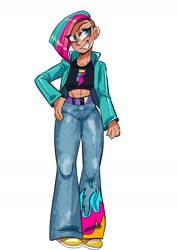 Size: 1240x1754 | Tagged: safe, artist:jully-park, character:zipp storm, species:human, species:pegasus, g5, clothing, cyan eyes, female, fit, human coloration, humanized, jacket, korean, midriff, moderate dark skin, pants, pose, shoes, simple background, slender, smiling, solo, species swap, tank top, thin, two toned hair, vest, white background