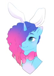 Size: 1056x1473 | Tagged: safe, artist:aztrial, character:misty brightdawn, species:pony, species:unicorn, g5, bow tie, bunny ears, bust, clothing, cute, female, freckles, gradient hair, hair over one eye, horn, mare, markings, mistybetes, multicolored hair, rebirth misty, simple background, solo, white background