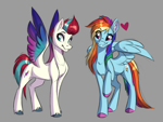 Size: 4000x3000 | Tagged: safe, artist:faline-art, character:rainbow dash, character:zipp storm, species:pegasus, species:pony, g4, g5, my little pony: a new generation, colored hooves, colored wings, duo, ear fluff, female, gray background, heart, high res, hooves, mare, multicolored hair, multicolored wings, simple background, smiling, spread wings, unshorn fetlocks, wings