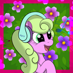 Size: 2200x2200 | Tagged: safe, artist:grimthreshold, derpibooru original, character:daisy, character:gloriosa daisy, species:earth pony, species:pony, g4, bush, bust, cute, daisybetes, female, flower, happy, headphones, music notes, open mouth, open smile, portrait, smiling, solo, three quarter view
