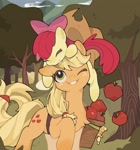 Size: 1600x1718 | Tagged: safe, artist:zhen8558, character:apple bloom, character:applejack, species:earth pony, species:pony, g4, adorabloom, apple, apple bloom riding applejack, apple bloom's bow, apple family member, apple sisters, apple tree, applejack's hat, basket, bow, clothing, cowboy hat, cute, duo, eyes closed, female, filly, foal, food, grin, hair bow, hat, jackabetes, mare, one eye closed, pony hat, raised hoof, siblings, sisters, smiling, stetson, toy, tree, young