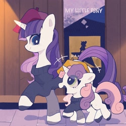 Size: 1600x1600 | Tagged: safe, artist:zhen8558, character:rarity, character:sweetie belle, species:pony, species:unicorn, g4, beatnik, beatnik rarity, belle sisters, beret, blank flank, clothing, colored hooves, cute, diasweetes, duo, duo female, excited, eye clipping through hair, female, filly, foal, hamilton, hat, hooves, mare, poster, profile, siblings, sisters, smiling, sweater, talking, unshorn fetlocks, young