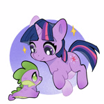 Size: 1600x1600 | Tagged: safe, artist:zhen8558, character:spike, character:twilight sparkle, species:dragon, species:pony, species:unicorn, g4, baby, baby spike, cute, female, filly, filly twilight sparkle, horn, looking at someone, mama twilight, mother, simple background, sparkles, spikabetes, spikelove, twiabetes, white background, young, younger