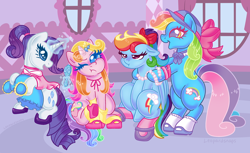 Size: 3000x1830 | Tagged: safe, artist:leopardsnaps, character:rainbow dash, character:rainbow dash (g3), character:rarity, character:rarity (g3), species:earth pony, species:pegasus, species:pony, species:unicorn, g3, g4, bipedal, clothing, cute, dress, g3 to g4, generation leap, group, grumpy, jewelry, looking at each other, looking at someone, manechat challenge, necklace, pouting, quartet, rainbow dash always dresses in style, screencap background, shoes, sitting, socks