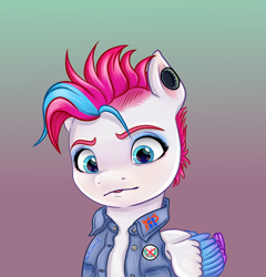 Size: 5562x5803 | Tagged: safe, artist:mrricharz, character:zipp storm, species:pegasus, species:pony, g5, my little pony: make your mark, absurd resolution, alternate universe, badge, bust, clothing, denim, denim jacket, digital art, ear piercing, eyeshadow, female, folded wings, gradient background, jacket, jewelry, looking at you, makeup, mare, piercing, punk, rebel, signature, solo, three quarter view, tongue out, vest, wings