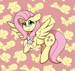 Size: 2008x1899 | Tagged: safe, artist:taurson, character:angel bunny, character:fluttershy, species:pegasus, species:pony, species:rabbit, g4, abstract background, cute, female, holding a bunny, looking at you, mare, shyabetes, signature, smiling, smiling at you, spread wings, tail, wings