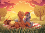Size: 2048x1469 | Tagged: safe, artist:applesartt, character:applejack, character:rainbow dash, species:earth pony, species:pegasus, species:pony, ship:appledash, g4, apple, apple family member, apple tree, applejack's hat, basket, clothing, cloud, cowboy hat, crepuscular rays, duo, duo female, female, freckles, grass, guitar, hat, hug, lesbian, looking at each other, looking at someone, lying down, mare, musical instrument, outdoors, picnic basket, picnic blanket, prone, shipping, sky, smiling, smiling at each other, stetson, tail, tree, wing blanket, winghug, wings