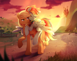 Size: 2047x1627 | Tagged: safe, artist:applesartt, character:applejack, character:rainbow dash, species:earth pony, species:pegasus, species:pony, ship:appledash, g4, accessory swap, apple family member, applejack's hat, canterlot, clothing, cowboy hat, crepuscular rays, cute, duo, duo female, eyes closed, female, freckles, hat, lesbian, mare, outdoors, ponies riding ponies, raised hoof, riding, shipping, signature, smiling, spread wings, stetson, sunset, tail, wings