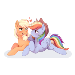 Size: 2047x2047 | Tagged: safe, artist:applesartt, character:applejack, character:rainbow dash, species:earth pony, species:pegasus, species:pony, ship:appledash, g4, accessory swap, apple family member, applejack's hat, blushing, clothing, cowboy hat, duo, duo female, female, folded wings, freckles, hat, heart, high res, lesbian, looking at each other, looking at someone, lying down, mare, one wing out, open mouth, open smile, prone, shipping, signature, simple background, smiling, smiling at each other, stetson, tail, white background, wings