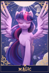 Size: 1390x2048 | Tagged: safe, artist:applesartt, character:twilight sparkle, character:twilight sparkle (alicorn), species:alicorn, species:pony, g4, book, constellation, eyes closed, female, horn, mare, smiling, solo, spread wings, tarot card, wings