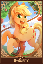Size: 1390x2048 | Tagged: safe, artist:applesartt, character:applejack, species:earth pony, species:pony, g4, apple, apple family member, apple tree, applejack's hat, clothing, cowboy hat, female, food, freckles, grass, hat, lasso, looking at you, mare, open mouth, open smile, outdoors, rearing, rope, smiling, smiling at you, solo, stetson, tarot card, tree