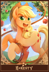 Size: 1390x2048 | Tagged: safe, artist:applesartt, character:applejack, species:earth pony, species:pony, g4, apple, apple family member, apple tree, applejack's hat, clothing, cowboy hat, female, food, freckles, grass, hat, lasso, looking at you, mare, open mouth, open smile, outdoors, rearing, rope, smiling, smiling at you, solo, stetson, tail, tarot card, tree