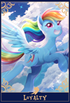 Size: 1390x2048 | Tagged: safe, artist:applesartt, character:rainbow dash, species:pegasus, species:pony, g4, cloud, female, flying, grin, looking at you, mare, outdoors, sky, smiling, smiling at you, solo, spread wings, tail, tarot card, windswept mane, wings