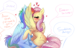 Size: 4678x3000 | Tagged: safe, artist:confetticakez, character:fluttershy, character:rainbow dash, species:pegasus, species:pony, ship:flutterdash, g4, blushing, chest fluff, cute, duo, duo female, eyes closed, female, folded wings, heart, high res, implied applejack, implied pinkie pie, implied rarity, implied twilight sparkle, kissing, lesbian, mare, one wing out, shipping, simple background, sitting, speech bubble, tail, white background, wing fluff, wings