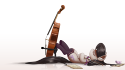 Size: 5000x2813 | Tagged: safe, artist:ncmares, artist:yohomeboync, character:octavia melody, species:earth pony, species:pony, g4, backwards cutie mark, bow (instrument), cello, chest fluff, clothing, cup, cute, ear fluff, earbuds, eyes closed, female, food, high res, leg fluff, legs in air, listening, lying down, mare, messy mane, music, musical instrument, on back, reflection, sheet music, signature, simple background, socks, solo, tail, tea, teacup, thigh highs, white background