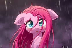 Size: 2400x1600 | Tagged: safe, artist:symbianl, artist:symbianlart, character:pinkamena diane pie, character:pinkie pie, species:earth pony, species:pony, g4, blushing, bust, cheek fluff, crying, cute, cuteamena, diapinkes, female, floppy ears, looking at you, mare, open mouth, rain, sadorable, solo, straight hair, teary eyes, wet, wet mane, wet mane pinkie pie