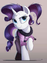 Size: 3000x4000 | Tagged: safe, artist:ncmares, artist:yohomeboync, character:rarity, species:pony, species:unicorn, g4, clothing, cute, female, gradient background, gray background, high res, horn, looking at you, mare, raised hoof, raribetes, signature, simple background, smiling, smiling at you, socks, solo, stockings, tail, thigh highs