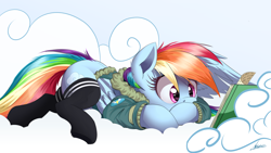 Size: 4000x2250 | Tagged: safe, artist:ncmares, artist:yohomeboync, character:rainbow dash, species:pegasus, species:pony, g4, bomber jacket, book, clothing, cloud, female, folded wings, high res, jacket, lying down, lying on a cloud, mare, on a cloud, prone, reading, signature, socks, solo, tail, thigh highs, wing hands, wings
