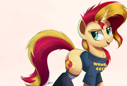 Size: 4450x3000 | Tagged: safe, artist:ncmares, artist:yohomeboync, character:sunset shimmer, species:pony, species:unicorn, g4, my little pony:equestria girls, chest fluff, clothing, colored pupils, cute, female, high res, horn, looking at you, mare, messy mane, open mouth, open smile, shimmerbetes, shirt, signature, simple background, smiling, smiling at you, socks, solo, tail, thigh highs, white background