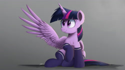 Size: 4420x2486 | Tagged: safe, artist:ncmares, character:twilight sparkle, character:twilight sparkle (alicorn), species:alicorn, species:pony, g4, adorkable, clothing, cute, dork, female, horn, mare, ncmares is trying to murder us, one wing out, sitting, smiling, socks, solo, spread wings, thigh highs, twiabetes, wings