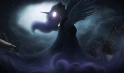 Size: 4250x2500 | Tagged: safe, artist:ncmares, artist:yohomeboync, character:princess luna, species:alicorn, species:pony, g4, female, glowing eyes, high res, horn, mare, night, outdoors, solo, spirit of hearth's warming yet to come, spread wings, wallpaper, wings