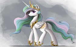 Size: 4000x2500 | Tagged: safe, artist:ncmares, character:princess celestia, species:alicorn, species:pony, g4, beautiful, crown, ethereal mane, female, flowing mane, flowing tail, folded wings, high res, hoof shoes, horn, jewelry, looking at you, majestic, mare, multicolored hair, necklace, peytral, princess shoes, profile, queen celestia, queen horseytime, regalia, royalty, side view, signature, smiling, smiling at you, solo, tail, tiara, walking, wings