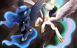 Size: 4000x2500 | Tagged: safe, artist:ncmares, character:princess celestia, character:princess luna, species:alicorn, species:pony, episode:the crystalling, g4, my little pony: friendship is magic, badass, couple, duo, duo female, female, flying, glowing eyes, glowing horn, gritted teeth, high res, horn, jewelry, magic, mare, necklace, peytral, princess shoes, royal sisters, siblings, signature, sisters, spread wings, tail, telekinesis, wallpaper, wings
