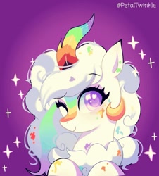 Size: 1061x1176 | Tagged: safe, artist:petaltwinkle, oc, oc:cloudy canvas, species:kirin, bishie sparkles, content, cute, happy, looking at you, paint splatter, purple background, rainbow horn, simple background, solo, sparkles