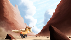 Size: 5000x2813 | Tagged: safe, artist:ncmares, artist:yohomeboync, character:applejack, species:earth pony, species:pony, g4, action pose, apple family member, applejack's hat, boots, canyon, clothing, cloud, cowboy hat, dust, female, fireproof boots, freckles, galloping, grin, hat, high res, mare, outdoors, rock, running, scenery, shoes, signature, sky, smiling, solo, stetson, tail