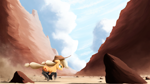 Size: 5000x2813 | Tagged: safe, artist:ncmares, artist:yohomeboync, character:applejack, species:earth pony, species:pony, g4, apple family member, applejack's hat, boots, canyon, clothing, cloud, cowboy hat, dust, female, fireproof boots, freckles, hat, high res, mare, outdoors, rock, running, scenery, shoes, signature, sky, smiling, solo, stetson, tail