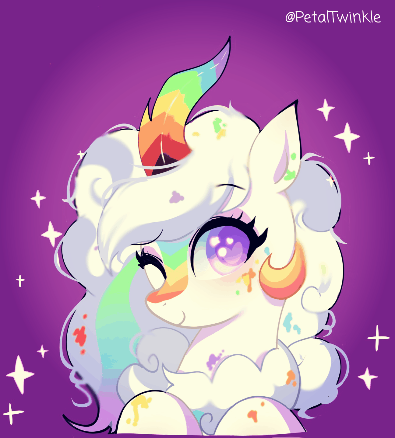Size: 1297x1440 | Tagged: safe, alternate version, artist:petaltwinkle, oc, oc:cloudy canvas, species:kirin, animated, bishie sparkles, content, cute, gif, happy, looking at you, paint splatter, purple background, rainbow horn, simple background, solo, sparkles