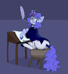 Size: 1658x1799 | Tagged: safe, artist:paskanaakka, derpibooru original, oc, oc only, oc:midnight dew, species:pony, species:unicorn, episode:the cutie re-mark, g4, my little pony: friendship is magic, alternate timeline, butt, clothing, colored hooves, cute, ear fluff, feather, female, glasses, glowing horn, hooves, horn, jacket, levitation, looking back, magic, mare, nightmare takeover timeline, ocbetes, pants, quill, sitting, solo, stool, tail, tail wrap, telekinesis, uniform, unshorn fetlocks