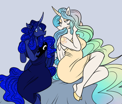 Size: 1280x1083 | Tagged: safe, artist:beastofeuthanasia, character:princess celestia, character:princess luna, species:alicorn, species:anthro, species:unguligrade anthro, g4, alternative cutie mark placement, clothing, cutie mark, dress, duo, duo female, female, gradient hair, lidded eyes, light blue background, long hair, looking at each other, looking at someone, mare, multicolored hair, royal sisters, shoulder cutie mark, siblings, simple background, sisters