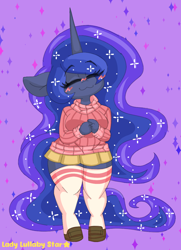 Size: 792x1093 | Tagged: safe, artist:ladylullabystar, character:princess luna, species:alicorn, species:anthro, g4, blushing, chibi, clothing, cute, ethereal mane, eyes closed, female, galaxy mane, lunabetes, mare, purple background, shoes, signature, simple background, skirt, smiling, socks, solo, sparkles, starry tail, stockings, sweater, tail, thigh highs