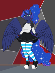 Size: 1536x2048 | Tagged: safe, artist:raw16, derpibooru original, character:princess luna, species:alicorn, species:anthro, species:plantigrade anthro, g4, abstract background, alternate hairstyle, best princess, boots, bracelet, bracer, clothing, converse, ear piercing, female, high heel boots, high heel sneakers, high heels, high ponytail, horn, jewelry, lipstick, long sleeved shirt, long sleeves, looking at you, makeup, mare, piercing, pleated skirt, ponytail, samsung, shiny mane, shirt, shoes, signature, skirt, skirt lift, smiling, sneakers, socks, solo, spread wings, striped socks, thigh highs, watch, wings, wristband, wristwatch, zettai ryouiki