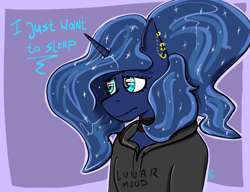 Size: 1080x831 | Tagged: safe, artist:raw16, character:princess luna, species:alicorn, species:anthro, g4, bored, clothing, collar, dialogue, ear piercing, female, hoodie, horn, jewelry, mare, piercing, ponytail, purple background, sad, shiny mane, signature, simple background, solo, text, tired