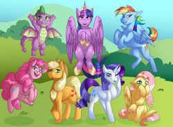 Size: 1280x940 | Tagged: safe, artist:grumpygriffcreation, character:applejack, character:fluttershy, character:pinkie pie, character:rainbow dash, character:rarity, character:spike, character:twilight sparkle, character:twilight sparkle (alicorn), species:alicorn, species:dragon, species:earth pony, species:pegasus, species:pony, species:unicorn, g4, apple family member, female, flying, grass, grass field, hill, looking at you, male, mane seven, mane six, mare, raised hoof, smiling, smiling at you, spread wings, three quarter view, winged spike, wings