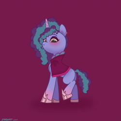 Size: 2480x2480 | Tagged: safe, artist:starburstuwu, character:misty brightdawn, species:pony, species:unicorn, g5, my little pony: make your mark, my little pony: tell your tale, blushing, cape, clothing, coat markings, ear piercing, earring, female, frown, hoof shoes, horn, jewelry, looking down, mare, piercing, raised hoof, raised leg, red background, shoes, signature, simple background, socks (coat marking), solo