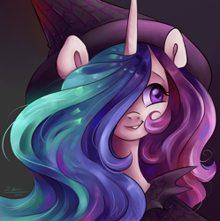 Size: 800x803 | Tagged: dead source, safe, artist:tu-kierownik, character:princess celestia, species:alicorn, species:pony, g4, bust, clothing, cute, cutelestia, female, hair over one eye, halloween, happy, hat, holiday, mare, nightmare night, portrait, solo, witch, witch hat