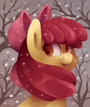 Size: 1068x1268 | Tagged: safe, artist:tu-kierownik, character:apple bloom, species:earth pony, species:pony, g4, adorabloom, apple family member, bow, bust, cute, female, filly, hair bow, lineless, looking at you, looking back, looking back at you, smiling, snow, solo, tree, winter, young