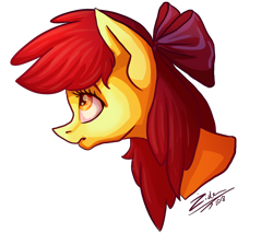 Size: 1600x1360 | Tagged: safe, artist:tu-kierownik, character:apple bloom, species:earth pony, species:pony, g4, apple family member, bow, bust, female, filly, hair bow, looking up, portrait, profile, signature, simple background, solo, transparent background, young